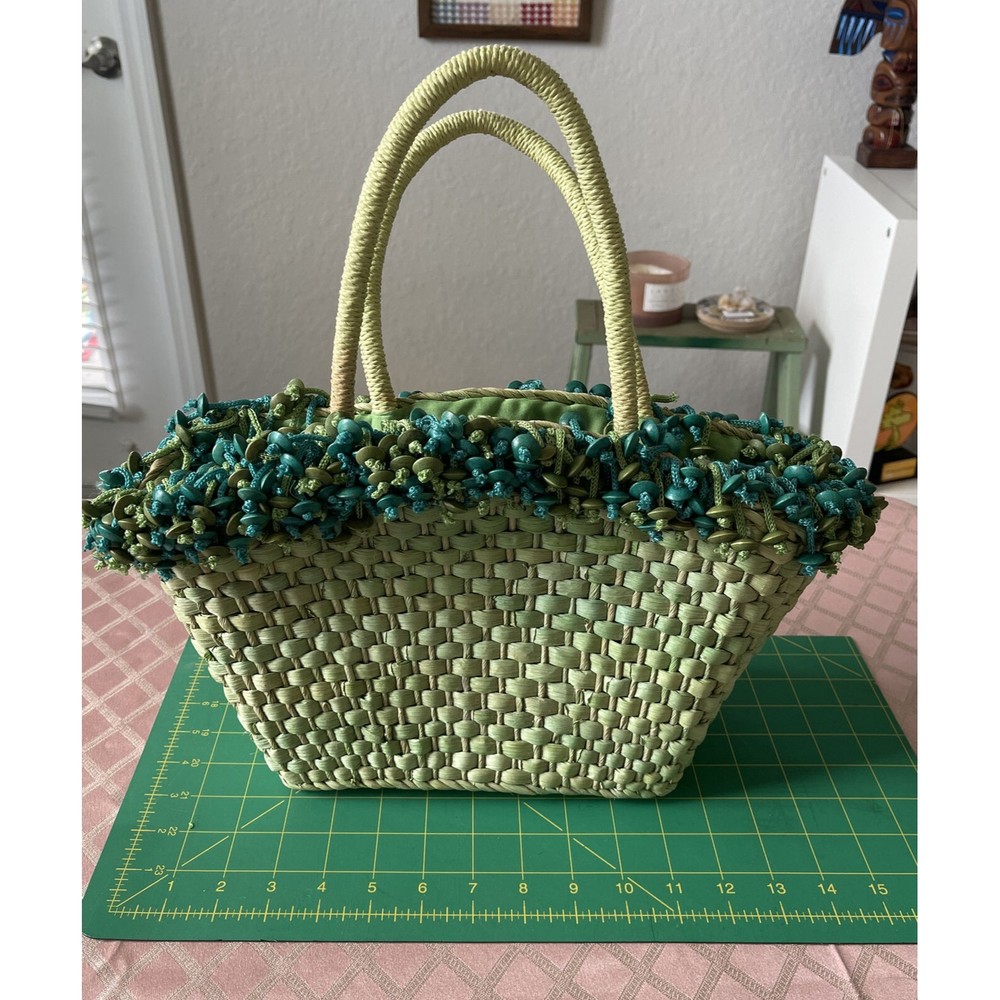Key West Green Woven Straw Beaded  Handle Bag Tote Handbag Purse Lined